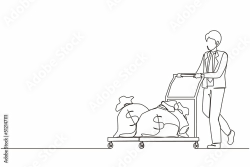 Continuous one line drawing businessman push cart with money bags. Reward or profit concept. Man employee with salary. Investor carries money to startup. Single line design vector graphic illustration photo
