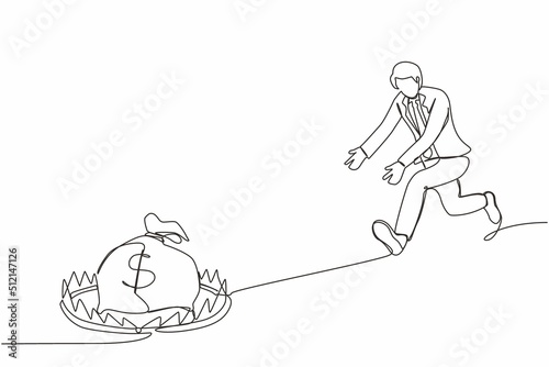 Single one line drawing money trap business. Businessman running to catch money bag in the steel bear trap. Metaphor of greedy financial risk and bad solutions. Continuous line design graphic vector