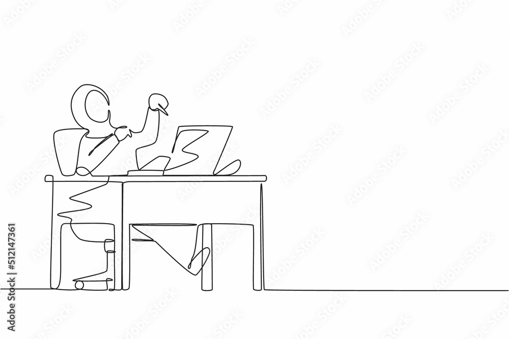 Continuous one line drawing Arabic woman manager laughing out loud while pointing her finger at laptop. Happiness, business success, win, leader, development concept. Single line design vector graphic Continuous one line drawing Arabic woman manager laughing out loud while pointing her finger at laptop. Happiness, business success, win, leader, development concept. Single line design vector graphic