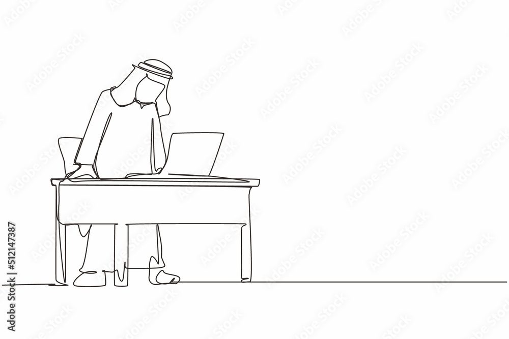 Single continuous line drawing frustrated and furious Arabian businessman shouting and screaming screen laptop on his working desk. Bad workspace emotions. One line graphic design vector illustration Single continuous line drawing frustrated and furious Arabian businessman shouting and screaming screen laptop on his working desk. Bad workspace emotions. One line graphic design vector illustration