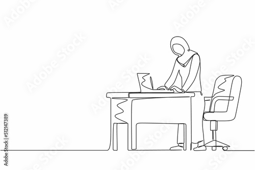 Wallpaper Mural Single one line drawing woman employee working at ergonomic workstation. Office furniture with computer and laptop. Arab female standing on foot rest behind desk. Continuous line design graphic vector Torontodigital.ca