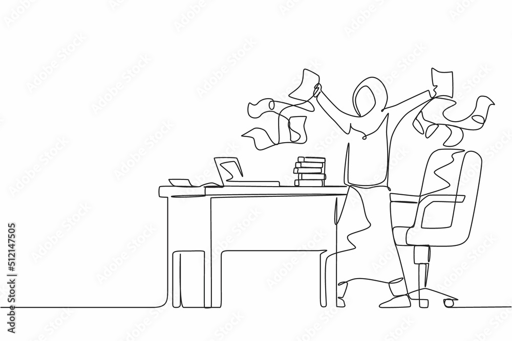 Single continuous line drawing happy Arab businesswoman, company leader or office worker throwing documents in air, enjoying business success while sitting at workplace. One line graphic design vector