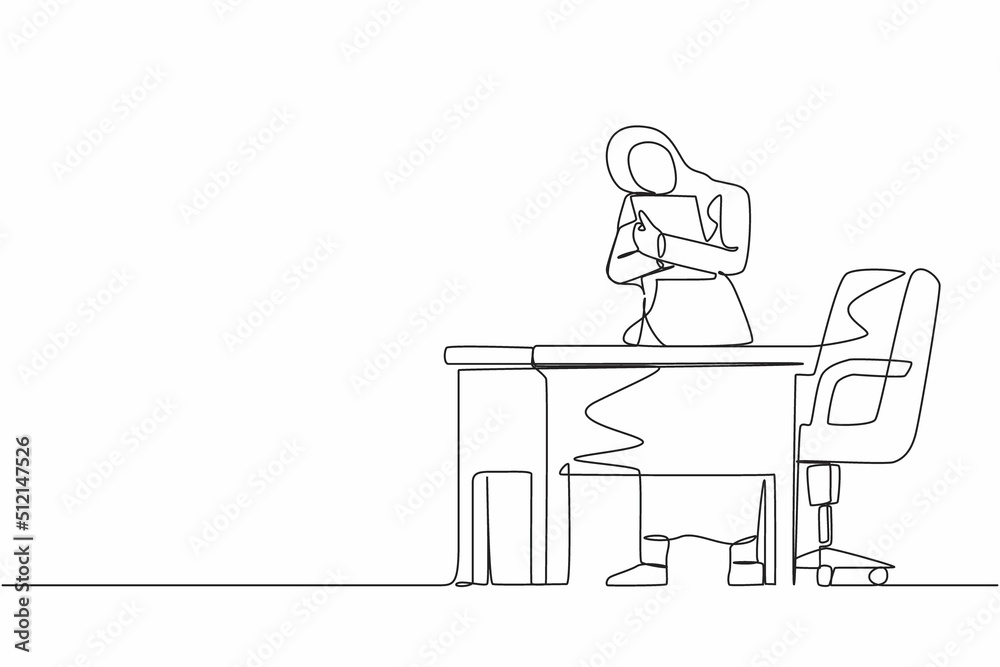 Continuous one line drawing Arabic businesswoman hugging laptop at office. Love to computer concept. Emotional female. Human emotions, facial expression concept. Single line draw design vector graphic