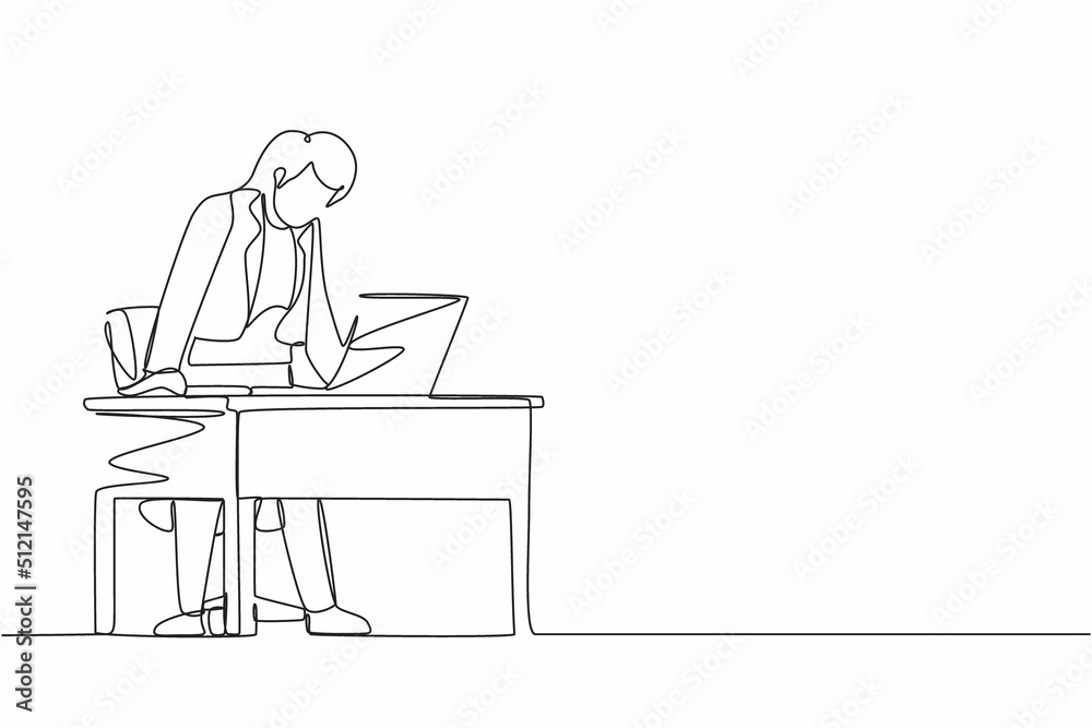 Single one line drawing frustrated and furious businesswoman shouting and screaming screen laptop on her working desk. Bad workspace emotions. Continuous line draw design graphic vector illustration Single one line drawing frustrated and furious businesswoman shouting and screaming screen laptop on her working desk. Bad workspace emotions. Continuous line draw design graphic vector illustration