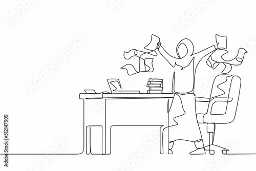 Single continuous line drawing happy Arab businesswoman  company leader or office worker throwing documents in air  enjoying business success while sitting at workplace. One line graphic design vector