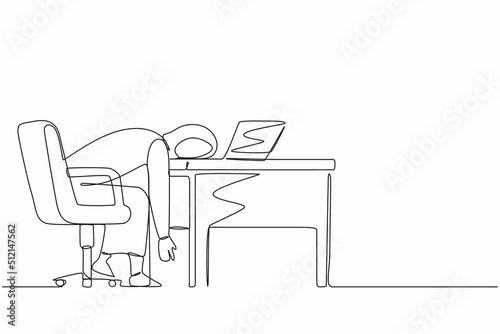 Single one line drawing professional burnout syndrome. Exhausted sick tired Arabic female manager in office sad boring sitting with head down on laptop. Continuous line draw design vector illustration