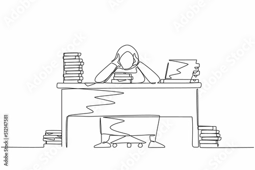 Single continuous line drawing stressed Arabian businesswoman throwing tantrum in office holding her hands to her head shouting while seated at desk surrounded by files. One line graphic design vector