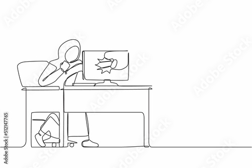Continuous one line drawing angry Arabian businesswoman breaks her laptop computer hitting it with clenched fist sitting at desk. Frustrated woman punching hole in pc screen. Single line design vector