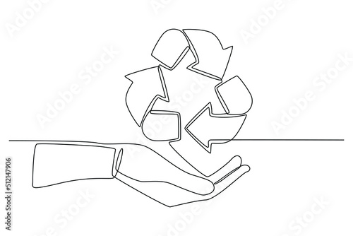 Continuous one line drawing recycle icon on the hand. Eco packaging concept. Single line draw design vector graphic illustration.