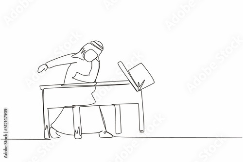 Continuous one line drawing frustrated and furious Arabian businessman is angry and throwing laptop. Bad workplace emotions. Man manager stress at work. Single line design vector graphic illustration