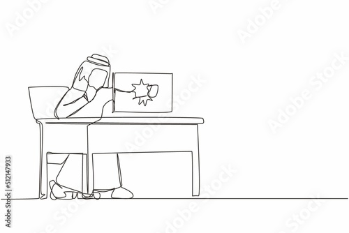 Single continuous line drawing angry Arab businessman breaks his laptop computer hitting it with clenched fist sitting at desk. Frustrated man worker punching hole in pc screen. One line design vector