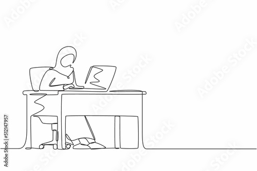 Single continuous line drawing Arab female works in office. Woman working, typing and sending messages. Work, table, computer. Workplace and communication concept. One line draw graphic design vector