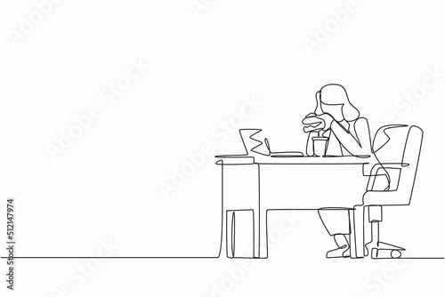 Continuous one line drawing fat obese woman using laptop eating burger fast food unhealthy lifestyle concept overweight girl freelancer sitting at workplace full length. Single line draw design vector
