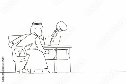 Continuous one line drawing sad Arabian man using social media and being punched by boxing gloves from computer laptop. Cyber bullying, online harassment using social media. Single line design vector