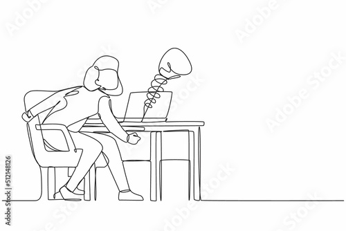 Continuous one line drawing sad woman using social media and being punched by boxing gloves from computer laptop. Cyber bullying, online harassment using social media. Single line draw design vector