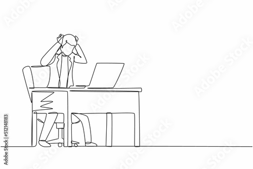 Single one line drawing scary frustrated frightened businesswoman clerk manager stands at laptop, holding head. Office overload, mental stress. Continuous line draw design graphic vector illustration
