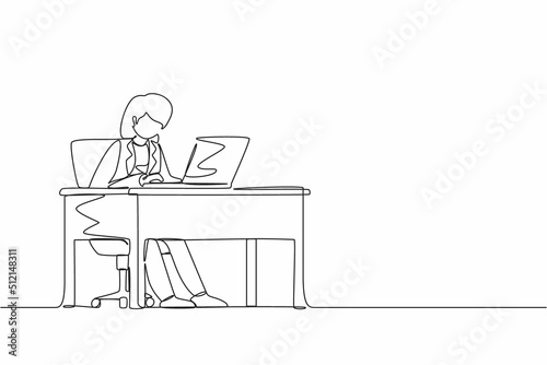 Continuous one line drawing female works in office. Woman working, typing and sending messages. Work, table, computer flat vector. Workplace and communication concept. Single line draw design graphic