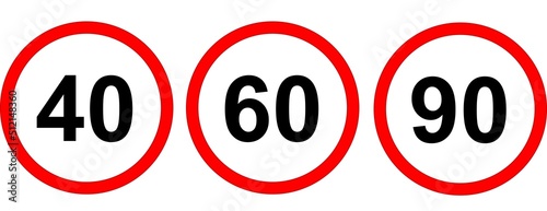 Speed ​​limit sign, 40,60, 90 km. Red, round signal on the road. Vector image.
 photo