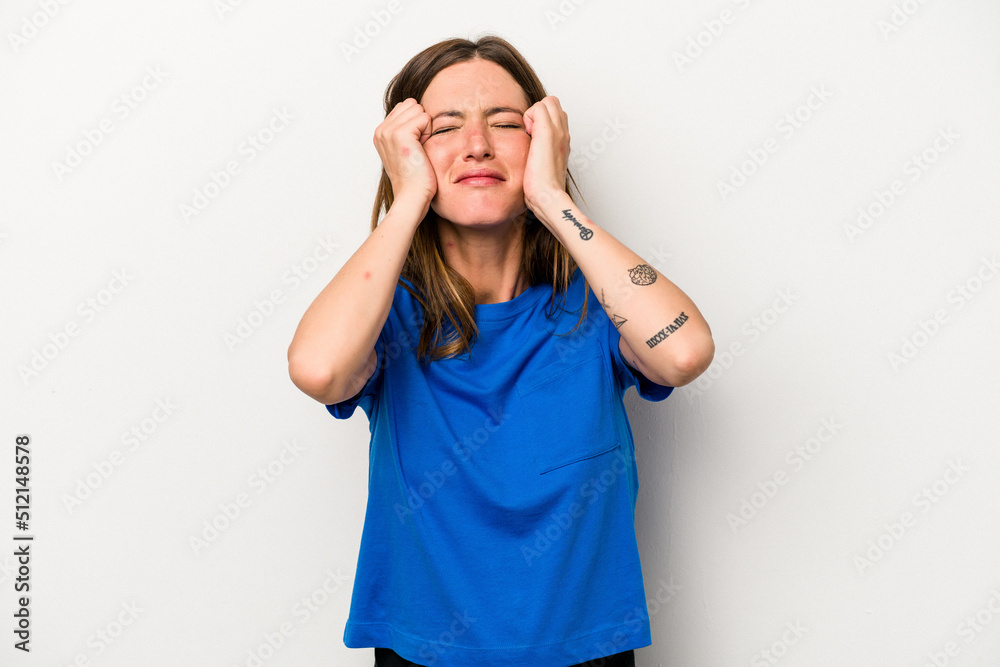 Young caucasian pregnant woman isolated on white background crying, unhappy with something, agony and confusion concept. Young caucasian pregnant woman isolated on white background crying, unhappy with something, agony and confusion concept.