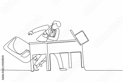 Single one line drawing frustrated and furious young businessman is angry and throwing laptop. Bad workplace emotions. Man manager stress at work. Continuous line design graphic vector illustration