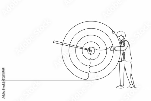 Single one line drawing businessman hugs and stands next to circle of target, arrow that hit target right in middle and analyze result of achievement within company. Continuous line draw design vector