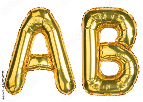 English Alphabet Letters. Letter A B. Yellow Gold foil helium balloon. Good for party, birthday, greeting card, events, advertising. High resolution photo. Isolated on white background.