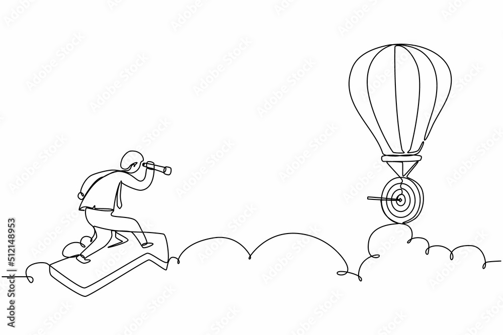 Single one line drawing male employee fly on arrow and using monocular