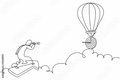 Single continuous line drawing Arab businesswoman riding forward arrow and using monocular to see business vision on hot air balloon. Financial growth concept. One line draw design vector illustration
