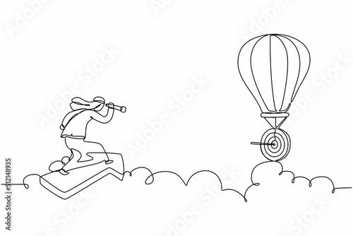 Single continuous line drawing Arabian businessman ride arrow symbol, flying, and using monocular to see business vision on hot air balloon. Professional manager. One line draw graphic design vector
