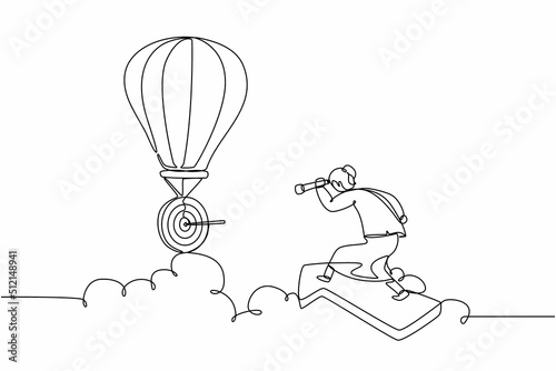 Continuous one line drawing female manager riding forward arrow and using monocular to see business vision on hot air balloon. Professional businesswoman. Single line draw design vector illustration