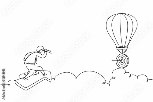 Single one line drawing male employee fly on arrow and using monocular to see business vision on hot air balloon. Business finance goal concept. Continuous line draw design graphic vector illustration