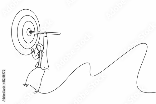 Single one line drawing Arabian businesswoman hanging arrow on target, business success concept. Businesswoman hanging arrow on target. Modern continuous line draw design graphic vector illustration
