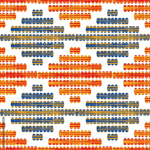 Ikat stitch effect vector seamless pattern. Hand drawn grunge textured needlework diamond shapes background. Orange blue white rhombus backdrop. Folk art style embroidery stitching geometric repeat.
