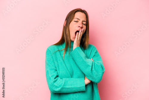 Tapety artystyczne Young caucasian pregnant woman isolated on white background yawning showing a tired gesture covering mouth with hand.