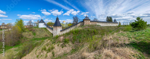 Panorama of the ancient Pskovo-Pechersky monastery. Pechory, Russia