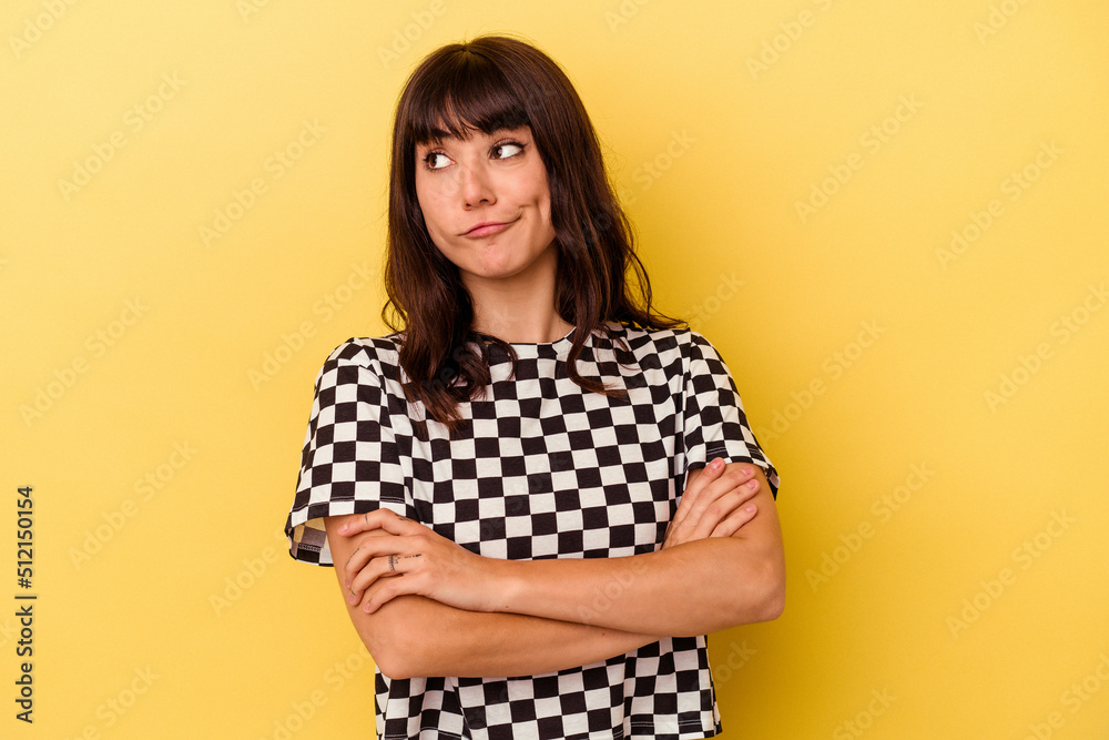 Young caucasian woman isolated on yellow background dreaming of achieving goals and purposes Young caucasian woman isolated on yellow background dreaming of achieving goals and purposes
