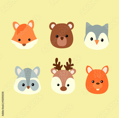Set of cute wild animals including bear deer fox owl raccoon squirrel. Animal vector. Forest animals illustration.