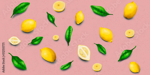 Fototapeta Naklejka Na Ścianę i Meble -  Summer image, yellow leaves and lemons, pink background
