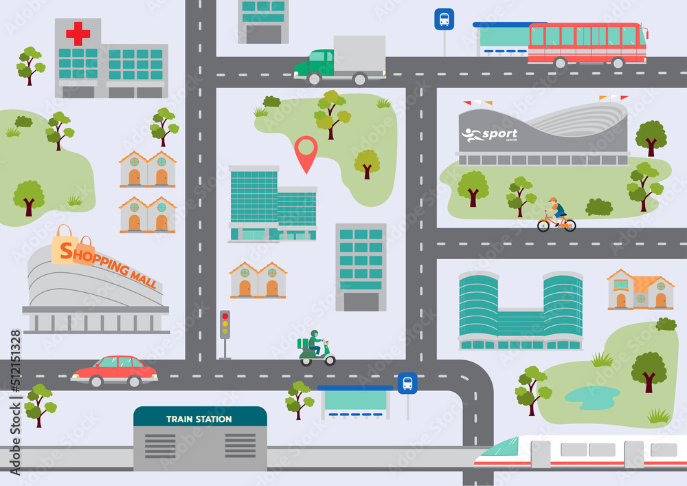 City map with infrastructure, buildings and houses along the road, vector illustration City map with infrastructure, buildings and houses along the road, vector illustration