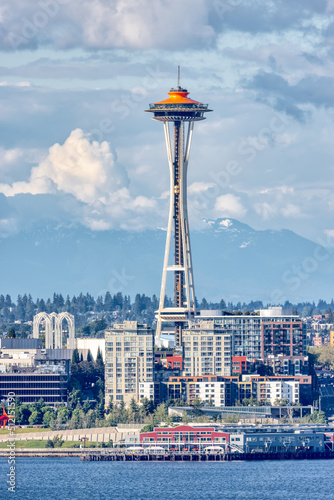 Downtown Seattle, Washington, United States of America. View of the Modern City on the Pacific Ocean Coast. Cloudy Blue Sky.