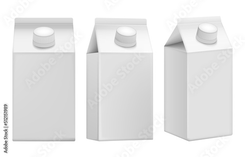 White carton pack template for beverage: juice, milk. Front and side view. Packaging collection. Vector illustration.