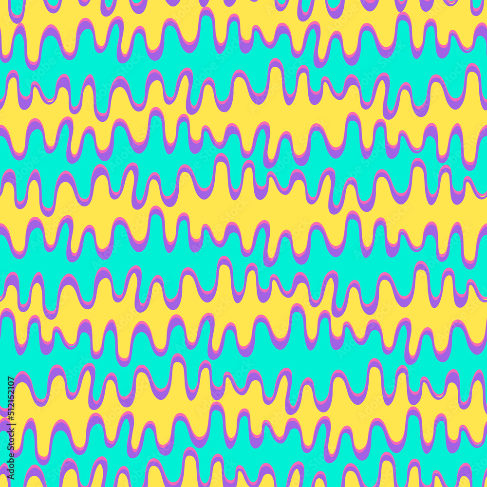 Seamless repeating pattern with hand drawn futuristic abstract bright curved and rounded wave Y2K bug style, for surface design and other design projects