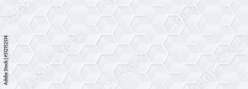 Fototapeta Naklejka Na Ścianę i Meble -  Abstract white geometric hexagon with white 3d grid. Neumorphism elegant science background. Random grey honeycomb pattern. Smooth and subtle cover. Geometric striped texture. Digital luxury silver BG