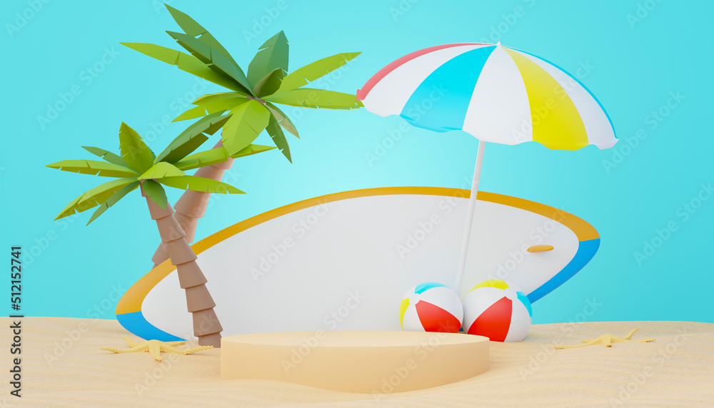 3d render Summer sale podium stand for showing product. Beach Vacations Scene in Summer for mock up.