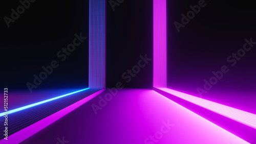 3d render of flash neon and light glowing on dark scene. Speed light moving lines.