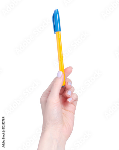 Pen in hand on white background isolation