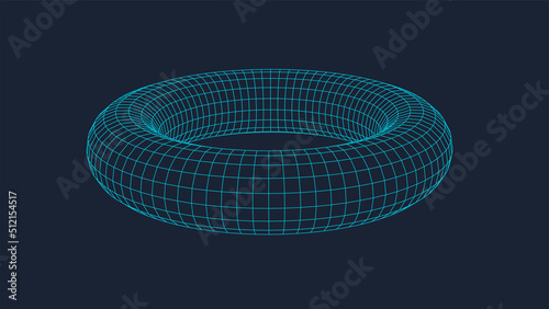 Abstract dynamic wireframe torus on a blue background. The flow of scientific data. Futuristic digital technology. Vector Illustration.