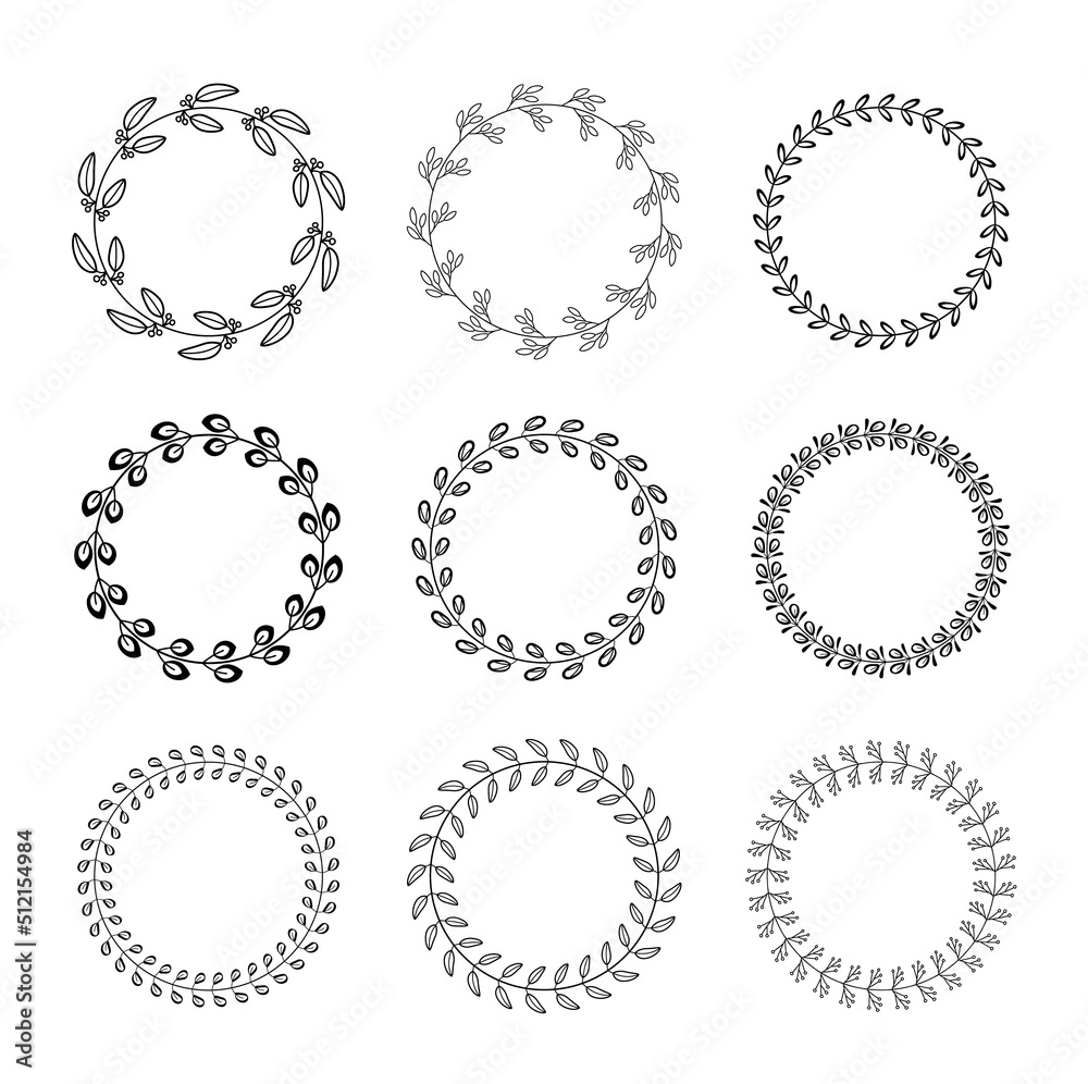 Laurels round border vector set. Set of different linear circle laurel leaves. Armorial branches. y. Laurels round border vector set. Set of different linear circle laurel leaves. Armorial branches. y.
