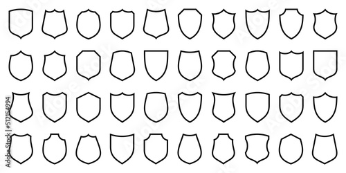 Set of various vintage shield icons. Black heraldic shields. Protection and security symbol, label. Line art. Vector illustration.