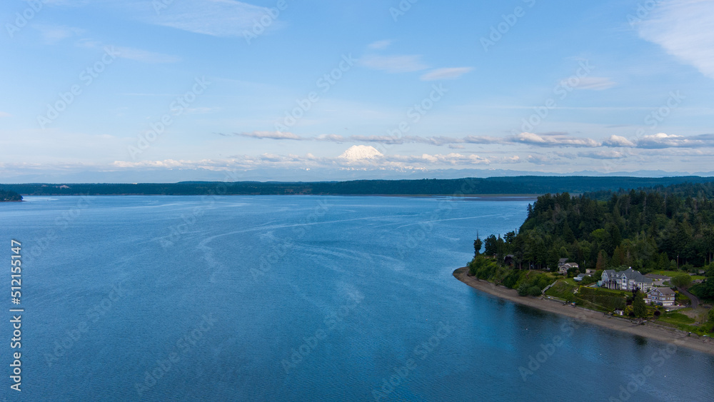 Mount Rainier on the horizon from above the Puget Sound 